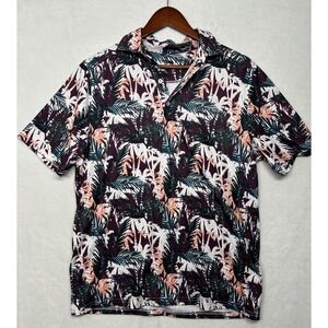 Cinch ArenaFlex Mens Small Tropical Palm Print Polo Shirt Burgundy Teal Stretch